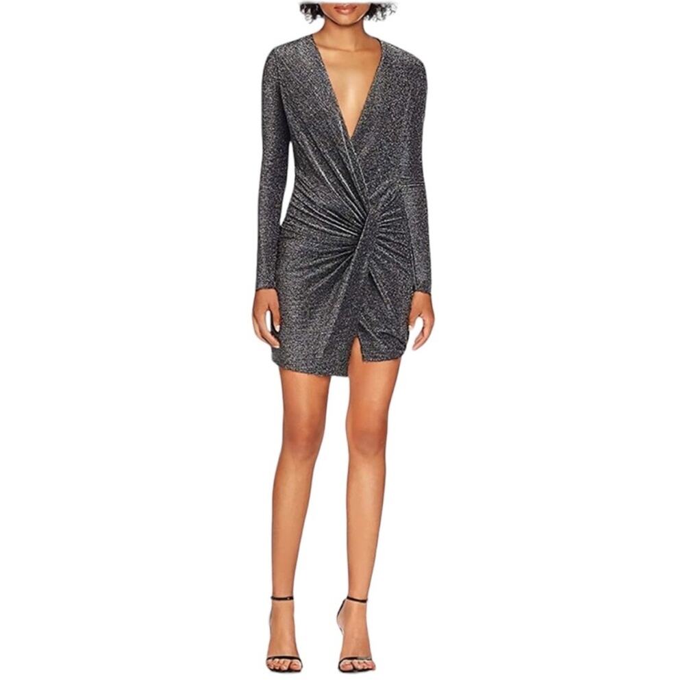Black halo Lara gunmetal metallic deep v dress silver black sz 2